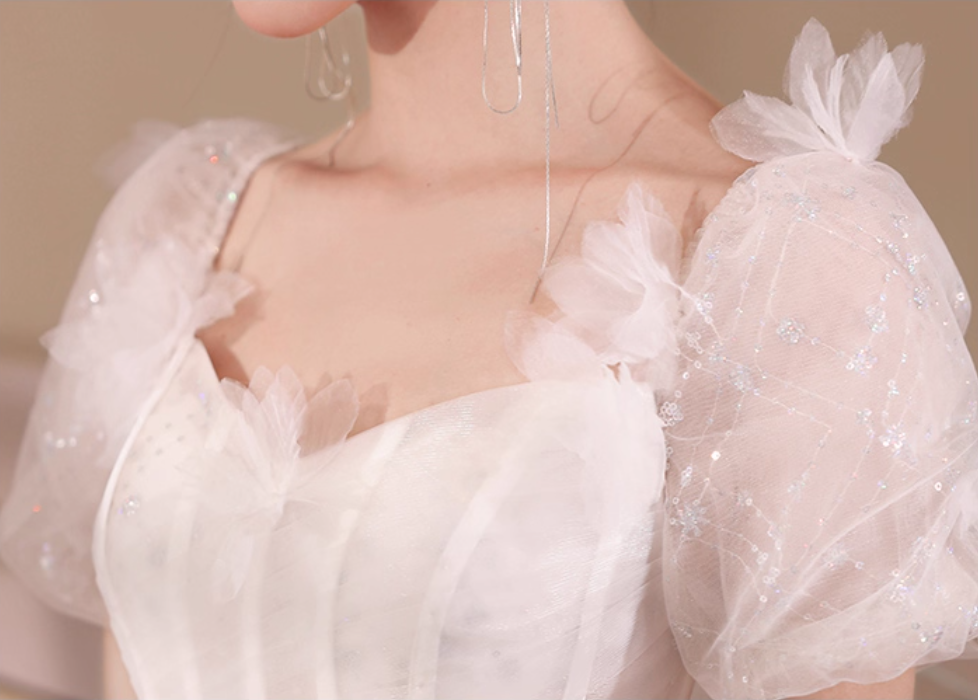 Cascade Sparkle Tulle Hem Puff Sleeve Fabulous Applique Cinched Waist Prom Long Dress AP0666