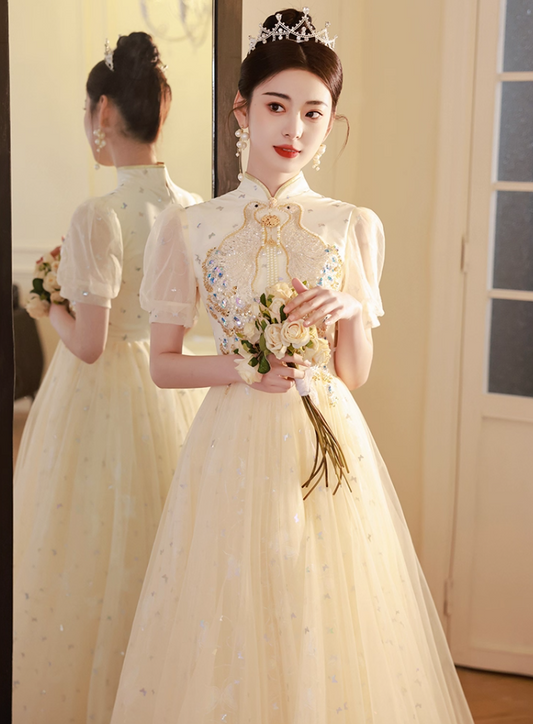 Oriental Semi-High Neck Host Evening Feast Glow Applique Beading Tulle Layered Prom Dress AP0668