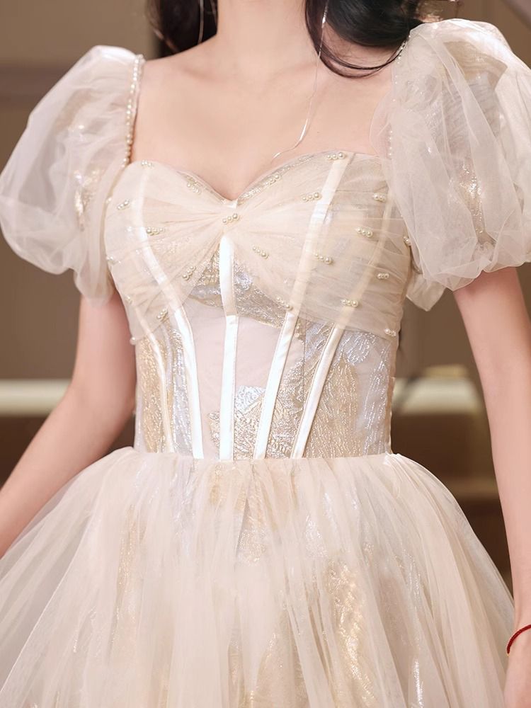 Novelty Beading Cascade Mesh Evening Gown Puff Sleeve Cinched Waist Prom Long Dress AP0669