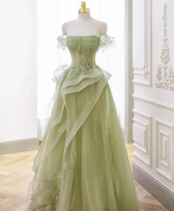 Vogue Strapless Mesh Off-Shoulder Applique Beading Glitter Ruffles Layered Tulle Prom Dress AP0671