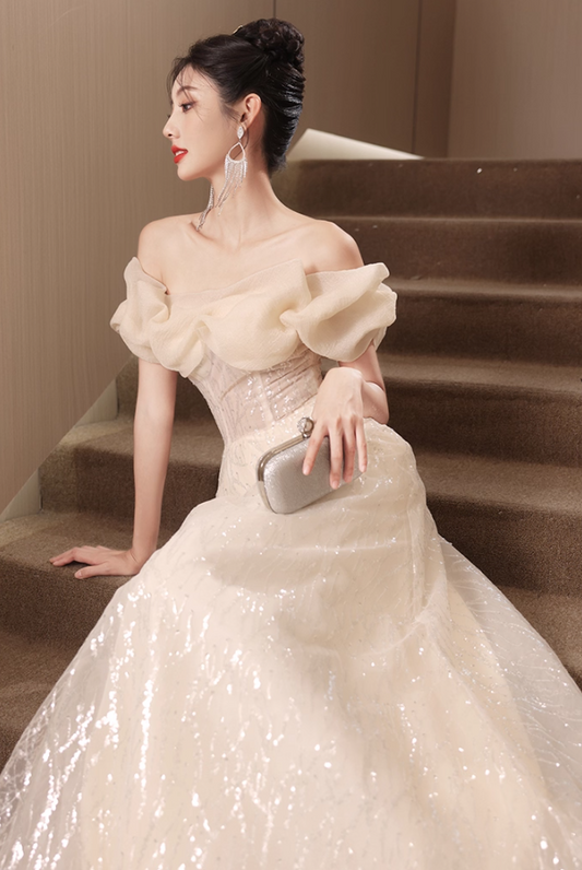 Vintage Glitter Sequins Strapless Ruffles Mesh Off-Shoulder Tulle Layered Prom Dress AP0672