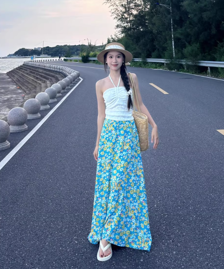 Vacation Outfit Floral Print Strapless Two-Piece Maxi Dress Vibrant Backless Halter Long Dress AP0678