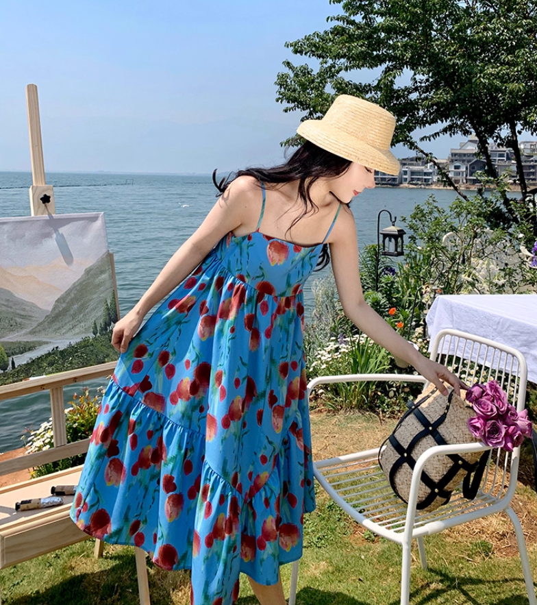 Billowy Soft Fabric Floral Print Midi Skirt Spaghetti Strap Vibrant Asymmetrical Hem Midi Dress AP0681