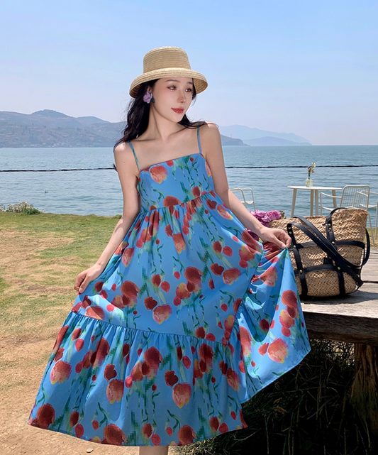 Billowy Soft Fabric Floral Print Midi Skirt Spaghetti Strap Vibrant Asymmetrical Hem Midi Dress AP0681