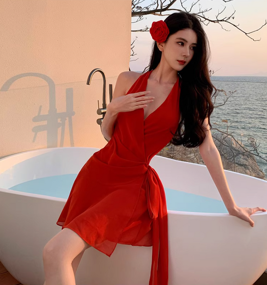 Summer V-Neck Refined Mini Dress Close-Fitting Backless Halter Short Dress AP0685