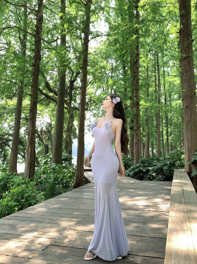 Ethereal Stretchy Breathable Mermaid Dress Backless Sheath Halter Long Dress AP0686