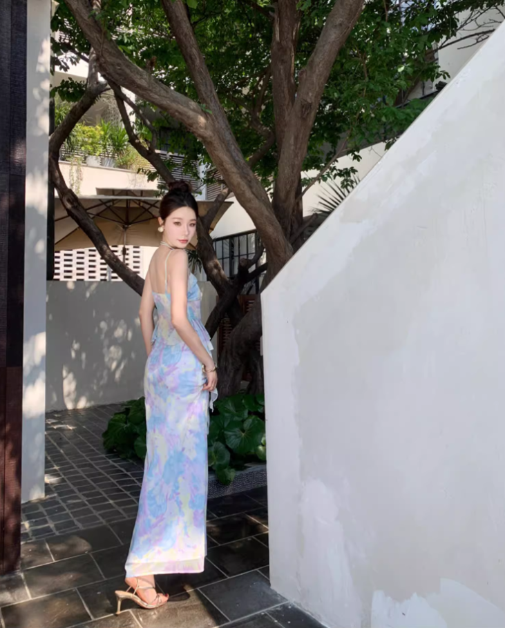 Ethereal Flowy Two-Piece Ruffle Tie-Dye Maxi Dress Spaghetti Strap Open-Waist Sheath Long Dress AP0688