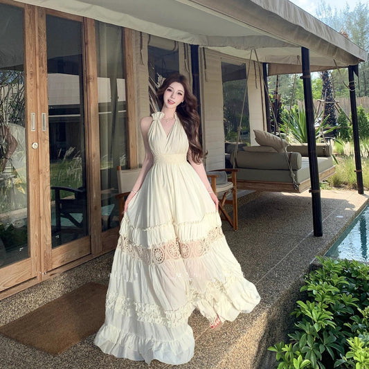 Ethereal Boho Style Hollow-Out Maxi Dress Backless Breathable Halter Long Dress AP0689