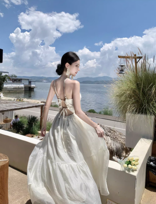 Ethereal Beach Vacation Open-Waist Maxi Dress Spaghetti Strap Backless Swishy Long Dress AP0690