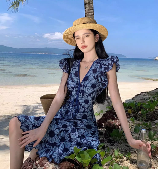 Floral Hem Design Soft Fabric Short Skirt Alluring V-Neck Fitting A-Line Short Dress AP0692