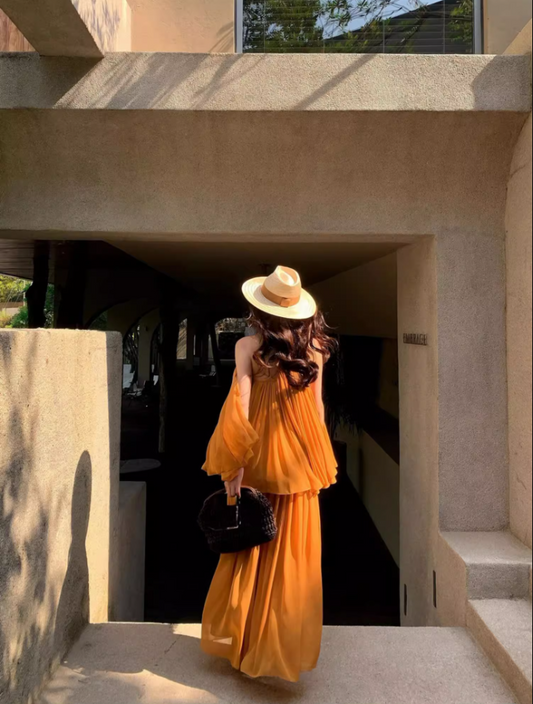 Boho Style Two Piece Set Oversize Maxi Dress Backless V-Neck Travel Outfit Long Dress AP0694