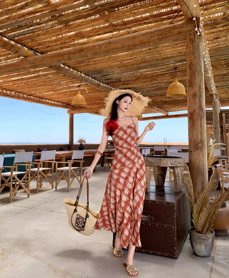 Vibrant Travel Photo Plaid Print Maxi Dress Spaghetti Strap Slit Flattering Long Dress AP0695