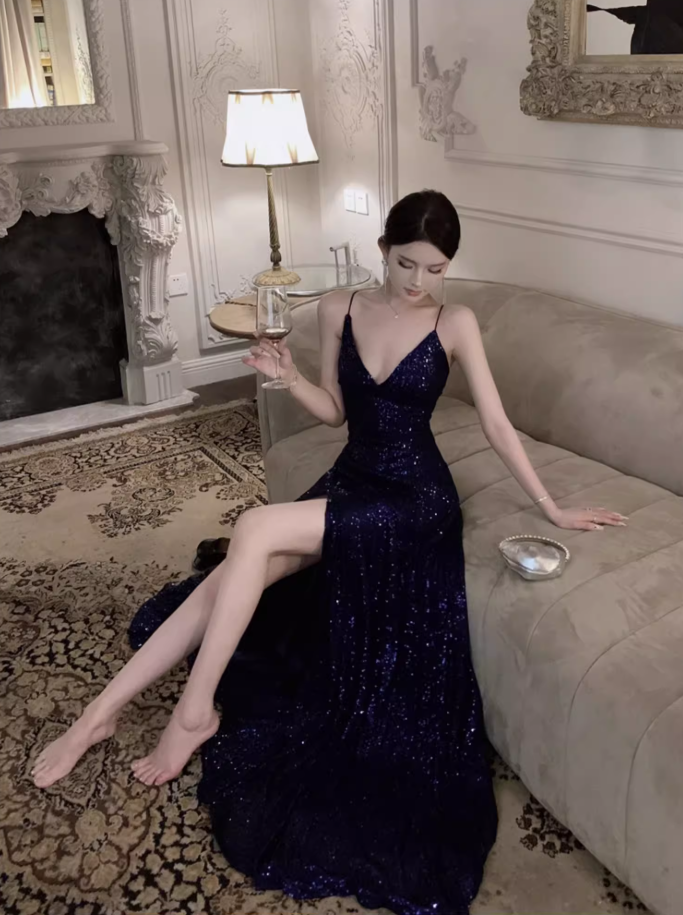 Elegant High-Slit V-Neck Maxi Dress Spaghetti Strap Backless Sequins Sheen Long Dress AP0697