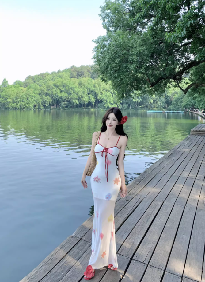 Eye-Catching Waist-Cinched Mermaid Dress Spaghetti Strap Dopamine Colorful Printed Long Dress AP0699