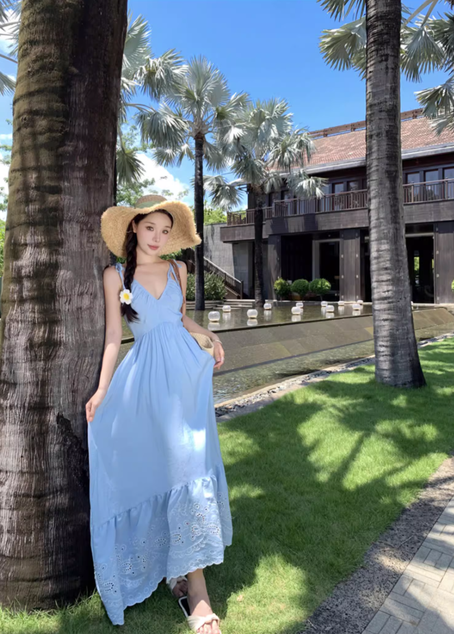 Island Holiday V-Neck Retro Maxi Dress Loose Style Spaghetti Strap Long Dress AP0700