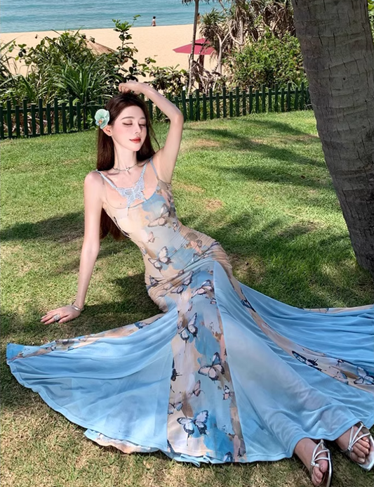 Chic Floral Print Bodycon Maxi Dress Spaghetti Strap Tulle Splicing Mermaid Long Dress AP0702