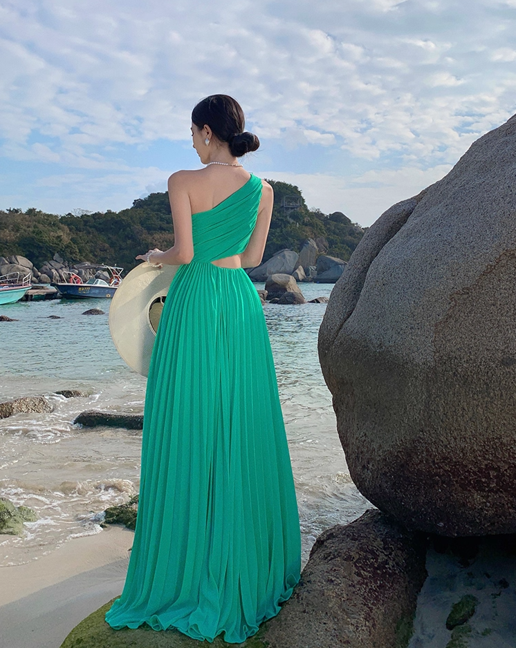 Vibrant One Shoulder High-Slit Maxi Dress Open-Waist Flowy Long Dress AP0703