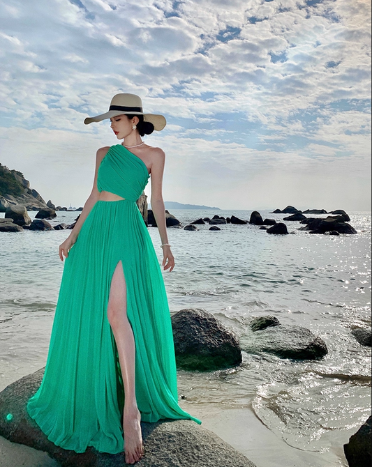 Vibrant One Shoulder High-Slit Maxi Dress Open-Waist Flowy Long Dress AP0703