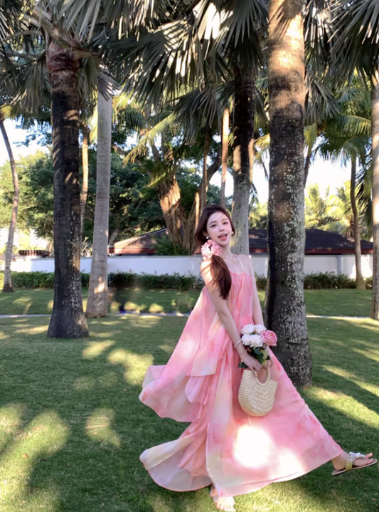 Tropical Trips Tie-Dye Maxi Dress Spaghetti Strap Loose Style Long Dress AP0705