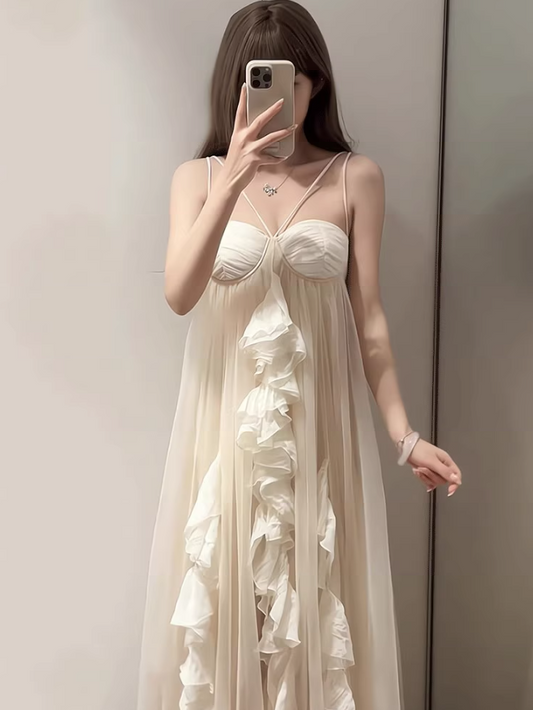 Ethereal Tulle Layered Asymmetrical Hem Maxi Dress Spaghetti Strap Loose Style Long Dress AP0706