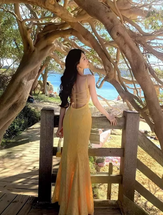 Photo-Ready Dopamine Waist-Cinched Mermaid Dress Tie-Back Spaghetti Strap Long Dress AP0709