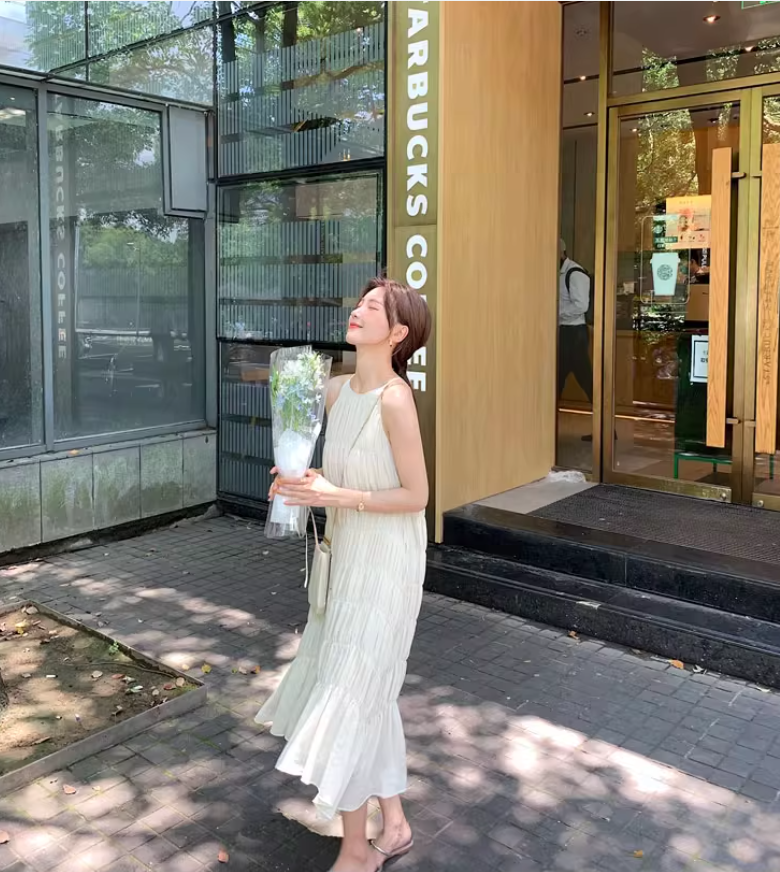 Elegant Soft Fabric Simple Design Midi Dress Breathable Halter Long Dress AP0710