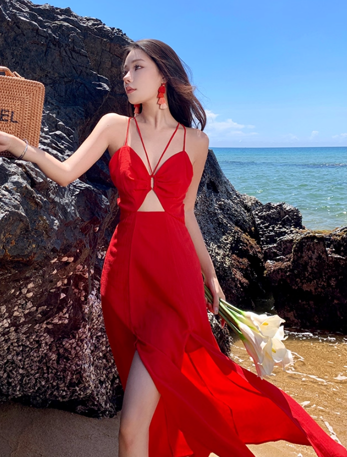 Island Vacation High-Slip Tie-Back Maxi Dress V-Neck Waist-Cinched Halter Long Dress AP0713