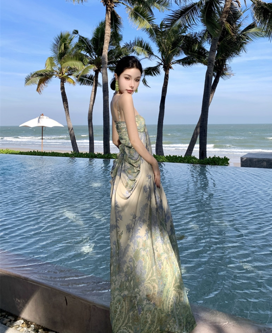 Luxury Breathable Waist-Cinched Maxi Dress Gathered Spaghetti Strap Long Dress AP0714