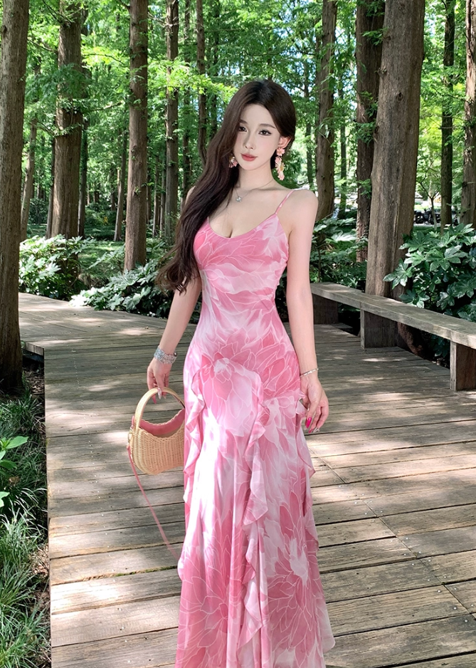 Romantic Island Vibes Waist-Cinched Maxi Dress Ruffled Spaghetti Strap Long Dress AP0715