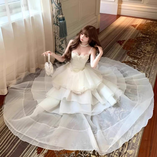 Applique Beading Spaghetti Strap Layered Tulle Hem Princess Dress Coming-of-Age A-line Prom Dress AP0716