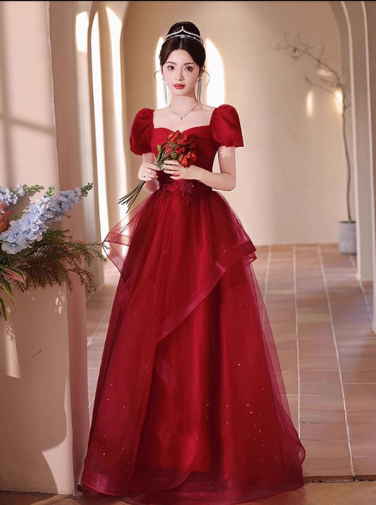 Chic Red Cascade Tulle Hem Luxury Applique Puff Sleeve Sparkle Sequins Prom Long Dress AP0719