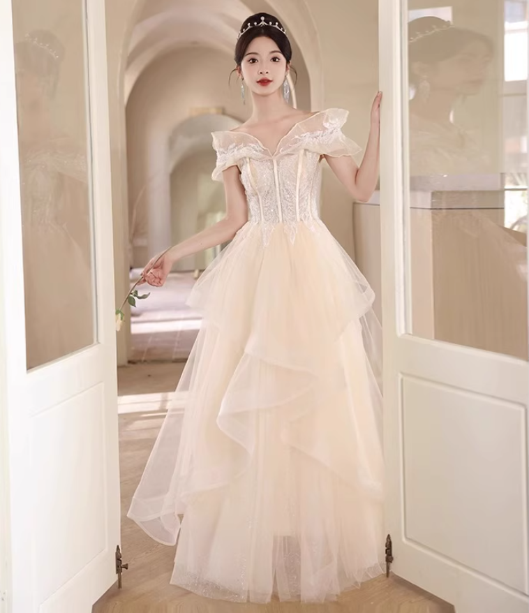 New Arrival Off-Shoulder Ruffles Mesh Trimmed Evening Dress Strapless A-line Prom Dress AP0726