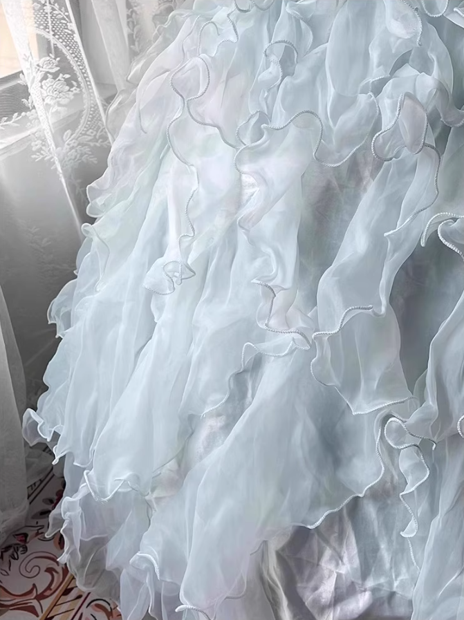 Ethereal Light Blue Strapless Cinched-Waist Maxi Dress Cascade Ruffles Tulle Layered Prom Dress AP0727