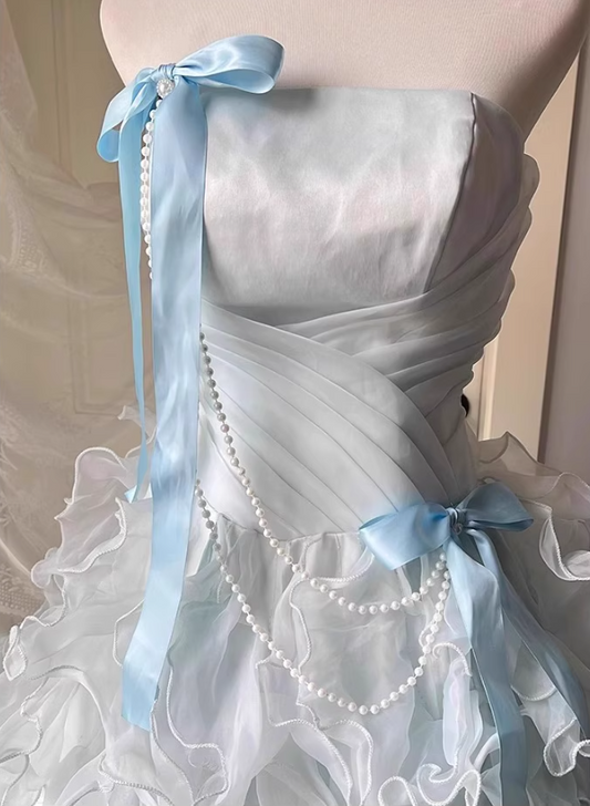 Ethereal Light Blue Strapless Cinched-Waist Maxi Dress Cascade Ruffles Tulle Layered Prom Dress AP0727