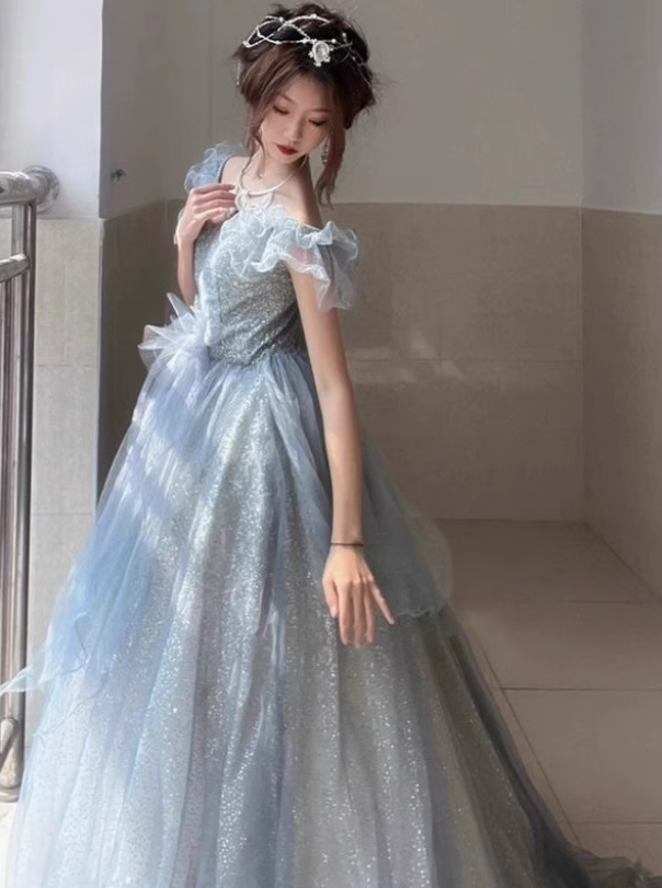 Classical Light Blue Off-Shoulder Evening Dress Glitter Fabric Ruffles Strapless Prom Dress AP0729