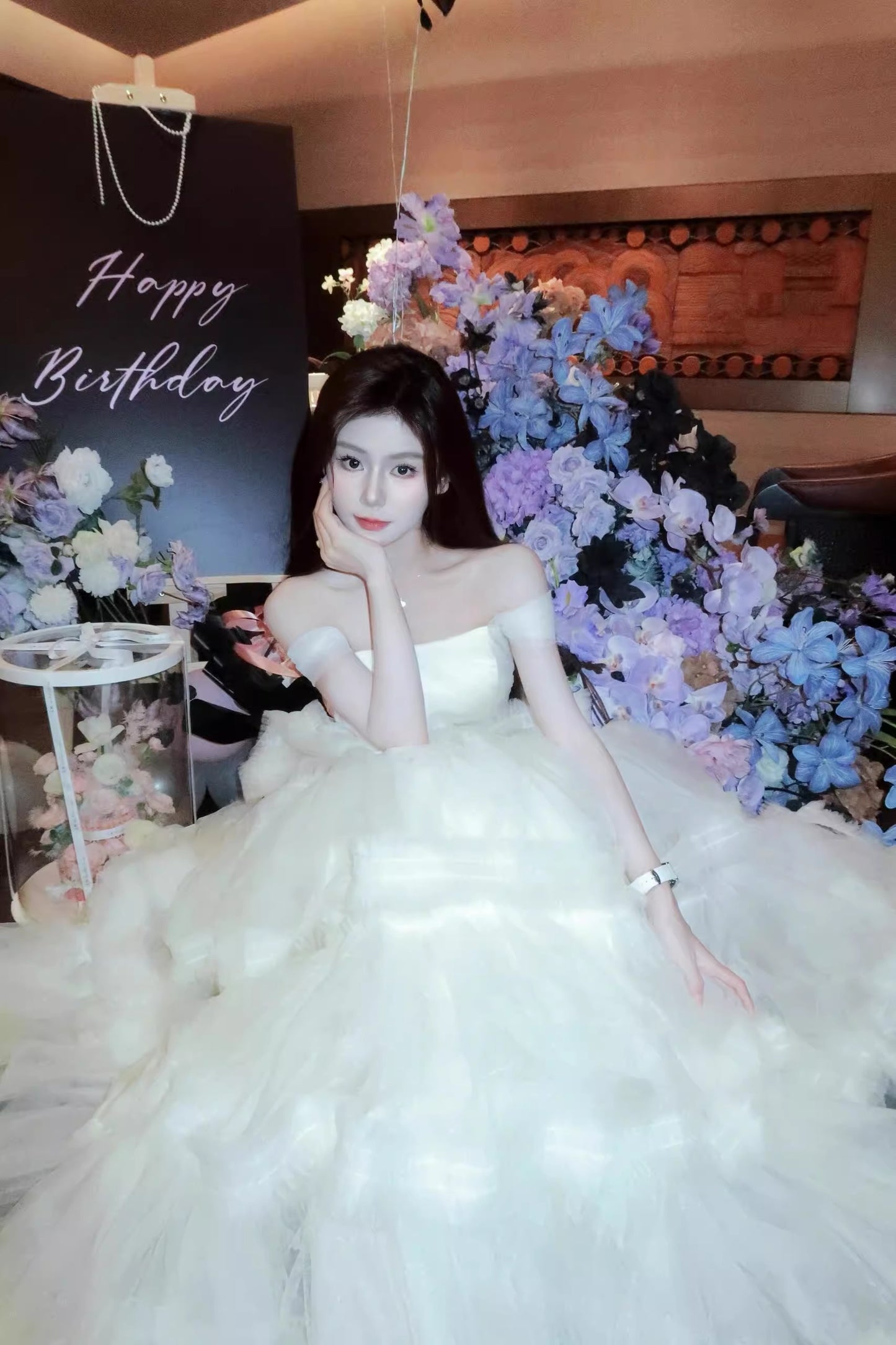 Dreamy White Off-Shoulder Evening Cake Long Dress Tulle Layered Prom Dress AP0730