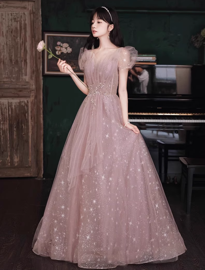 Pink Lustrous Beading Tulle Splicing Maxi Dress Puff Mesh Sleeve Prom Long Dress AP0731