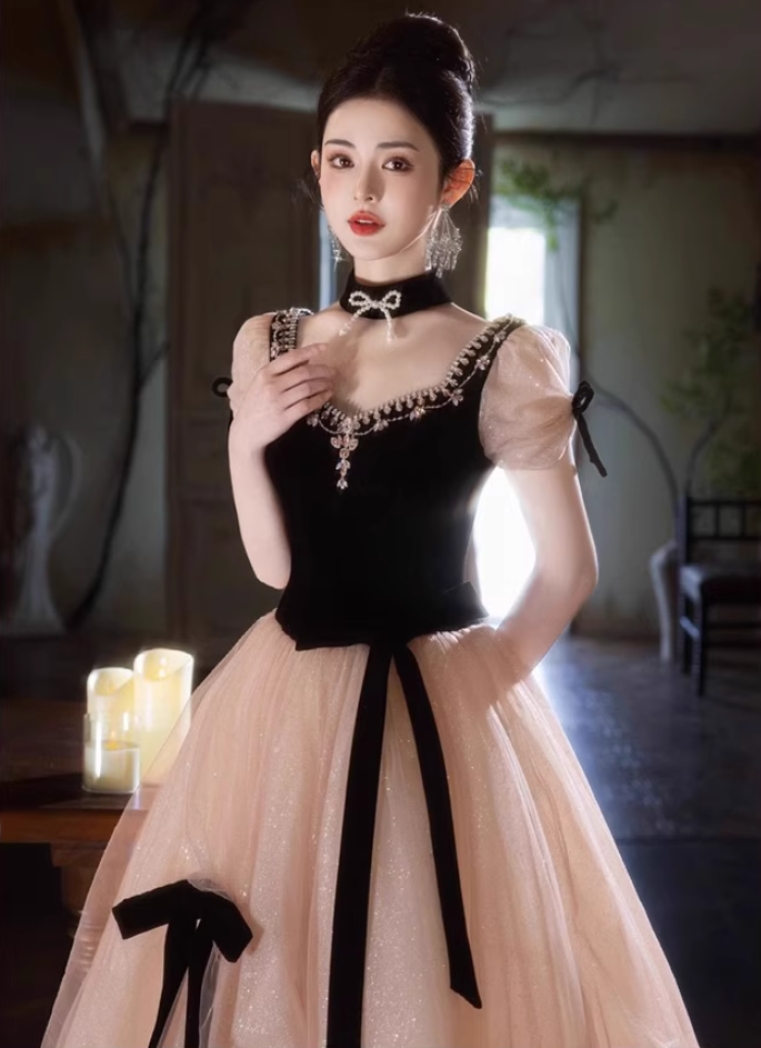 Fashionable Bow-Knot Lustrous Beading Tulle Layered Maxi Dress Puff Mesh Sleeve Prom Dress AP0732