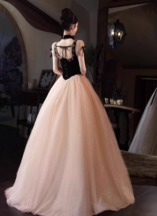 Fashionable Bow-Knot Lustrous Beading Tulle Layered Maxi Dress Puff Mesh Sleeve Prom Dress AP0732