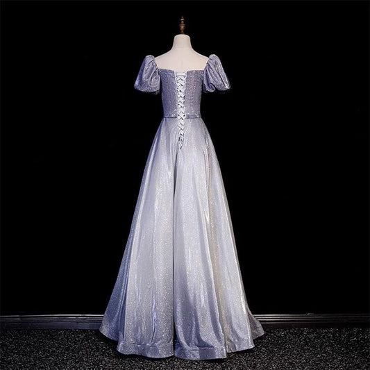 Vintage Gradient Pale Purple Lustrous Fabric Maxi Dress Puff Sleeve Feast Prom Long Dress AP0735