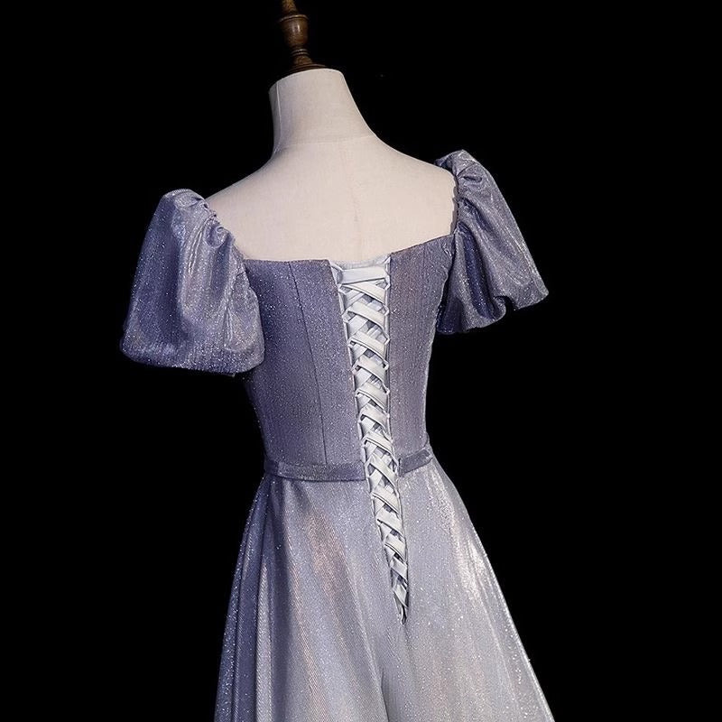 Vintage Gradient Pale Purple Lustrous Fabric Maxi Dress Puff Sleeve Feast Prom Long Dress AP0735
