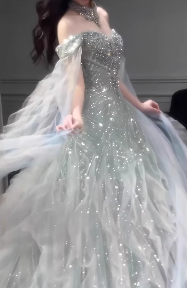 Ethereal Beading Shimmering Off-Shoulder Evening Dress Strapless Ruffles Hem Prom Dress AP0736