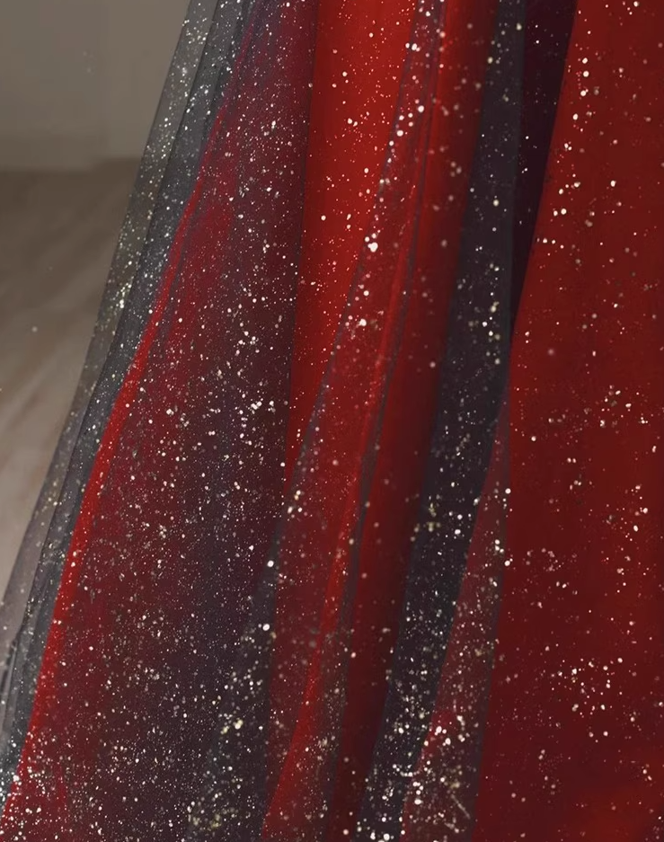 Chic Off-Shoulder Red Evening Dress Strapless Tulle Layered Sparkle Prom Dress AP0739