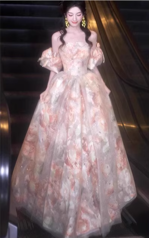 Graceful Off-Shoulder Pink Patterns Beading Evening Dress Puff Sleeve Tulle Layered Prom Dress AP0742