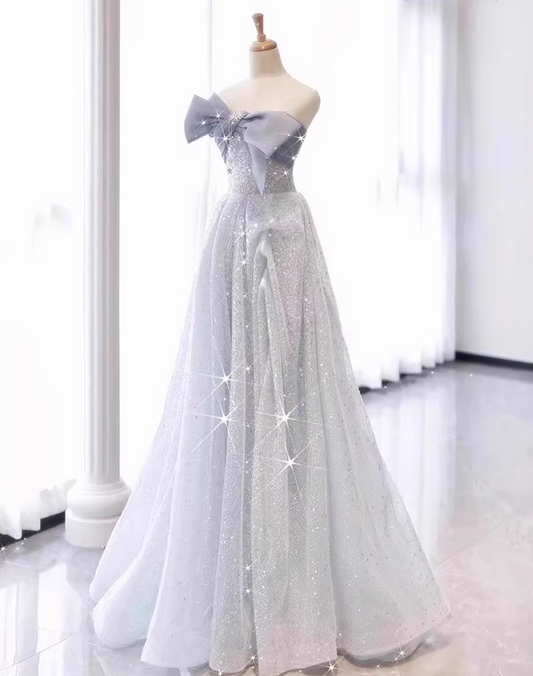 Chic Beading Bow-Knot Strapless Maxi Dress Cinched-Waist Sparkling Sequins Prom Dress AP0744