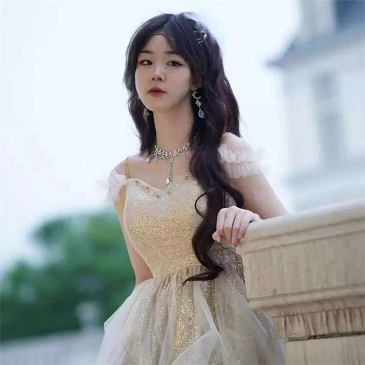 Dreamy Off-Shoulder Ruffles Tulle Layered Feast Gown Strapless Sparkling Cinched-Waist Prom Dress AP0747