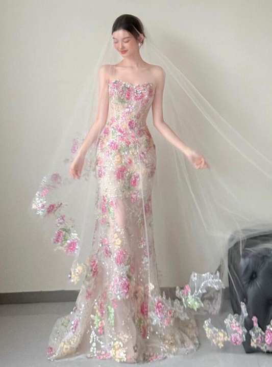 Exquisite Beading Embroidered Tulle Layered Feast Gown Textured Floral Strapless Prom Dress AP0763