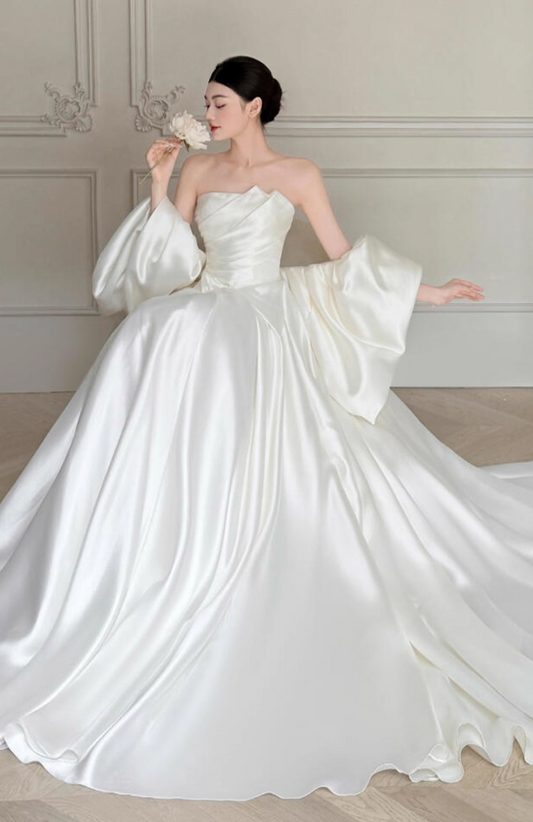 Vintage Satin Fabric Soft Material Maxi Dress Simple Embellishment Lustrous Wedding Dress AP0766