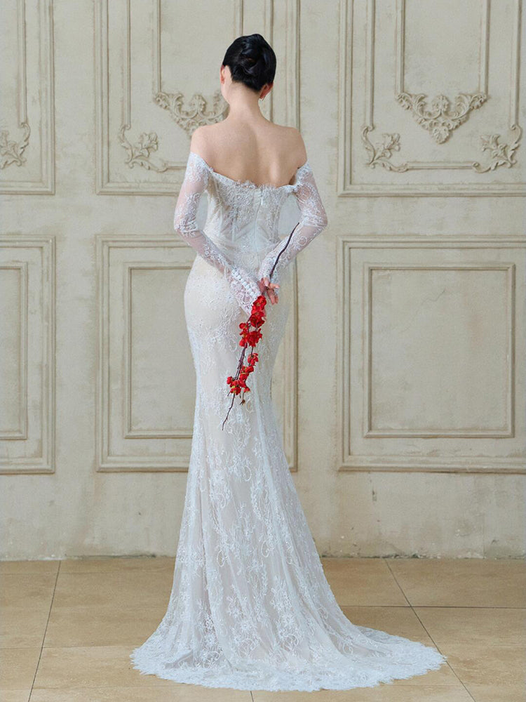 Unique Long Lace Sleeve Breathable Backless Evening Dress Stylish Off-Shoulder Mermaid Prom Dress AP0768
