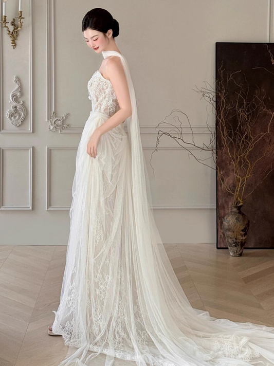 Retro-Inspired Textured Floral Mesh Maxi Dress Simple Tassel Beading Wedding Dress AP0769